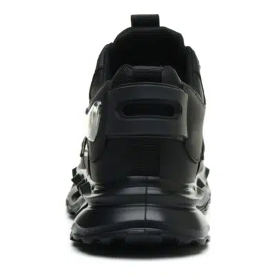 Rear view of black cushioned safety shoes