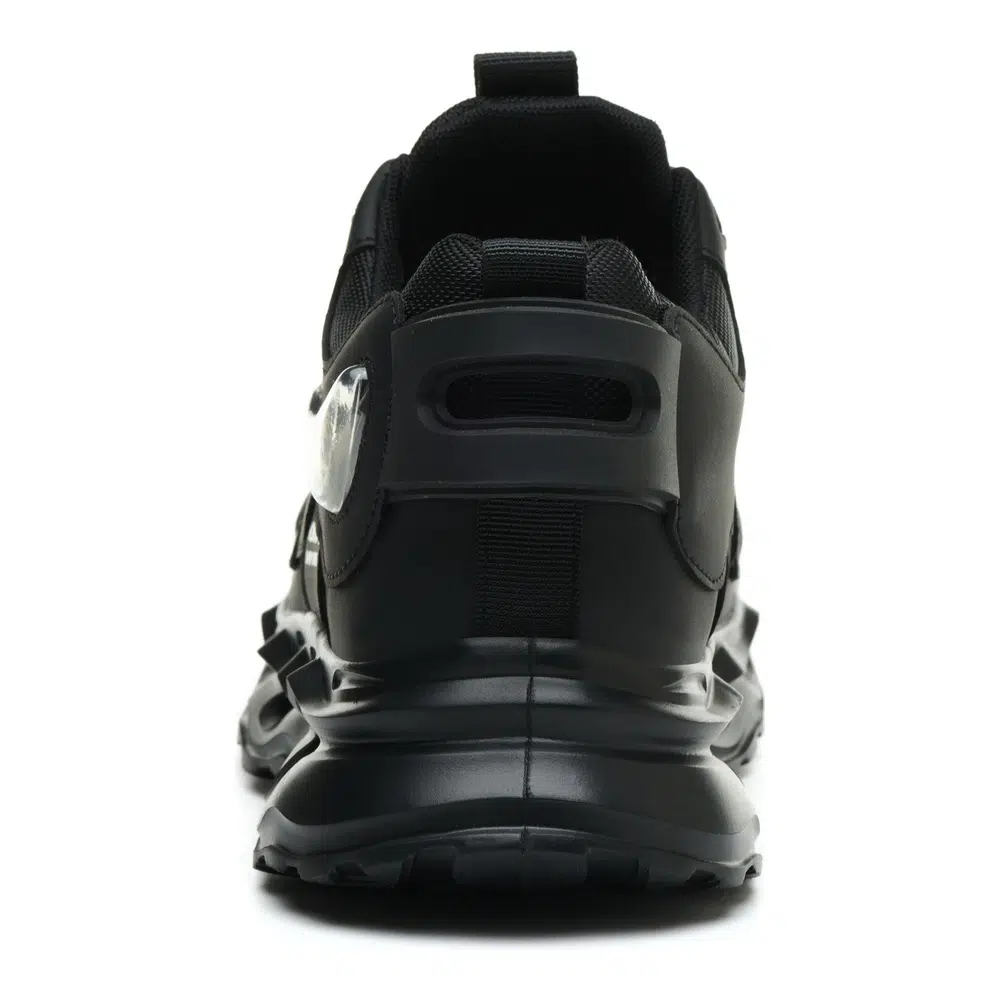 Rear view of black cushioned safety shoes