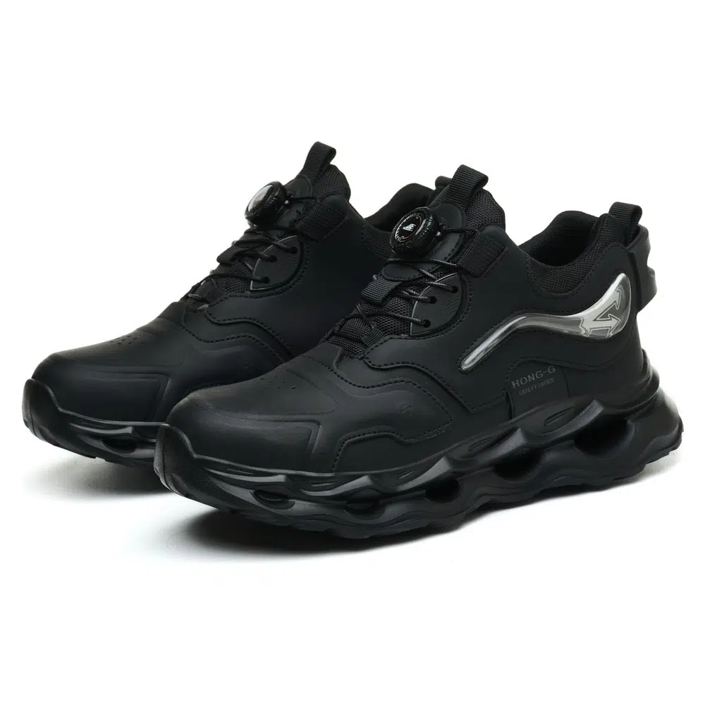 Pair of black dial lacing steel toe shoes