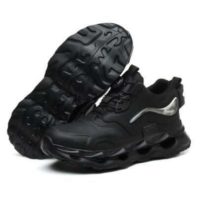 Outsole and upper view of black safety work shoes