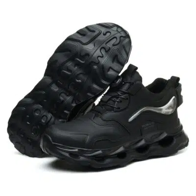 Outsole and upper view of black safety work shoes