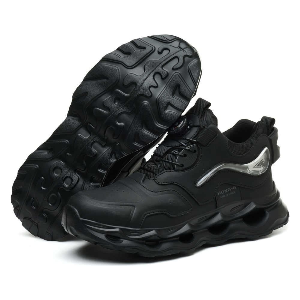Outsole and upper view of black safety work shoes