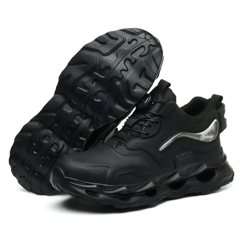 Outsole and upper view of black safety work shoes