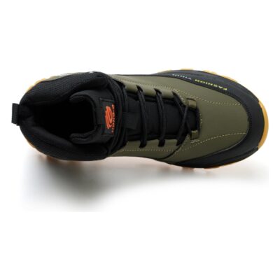 Top view of olive green high top safety boots