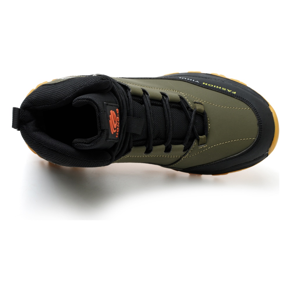 Top view of olive green high top safety boots