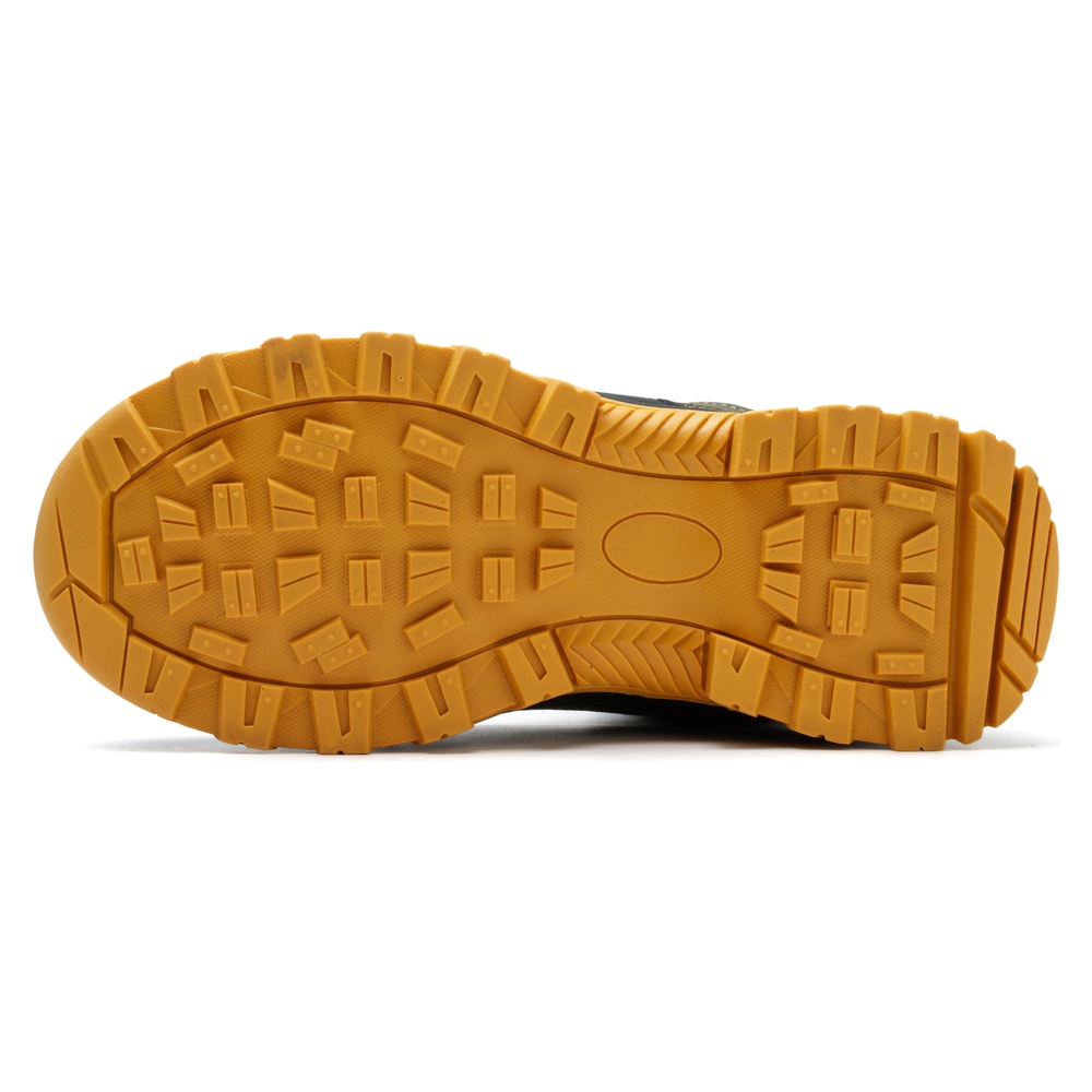 Slip resistant outsole of olive green steel toe boots
