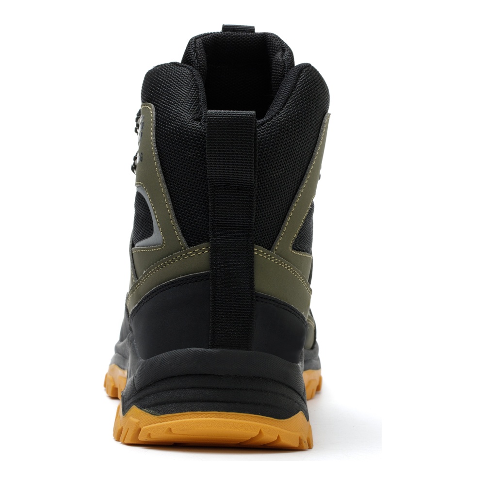 Rear view of olive green high top work boots