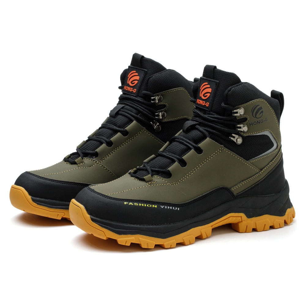 Pair of olive green steel toe work boots