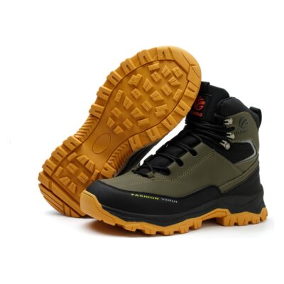 Outsole and upper view of olive green safety boots