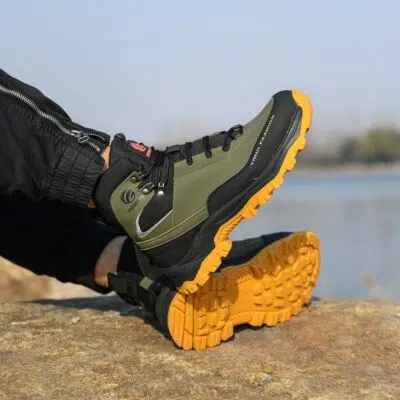 Olive Green steel toe boots in a demanding work environment