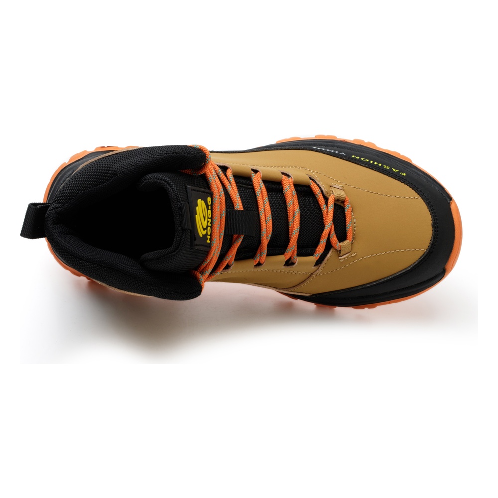 Top view of tan/orange high top safety boots