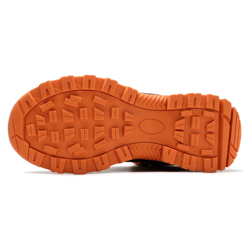 Slip resistant outsole of tan/orange steel toe boots