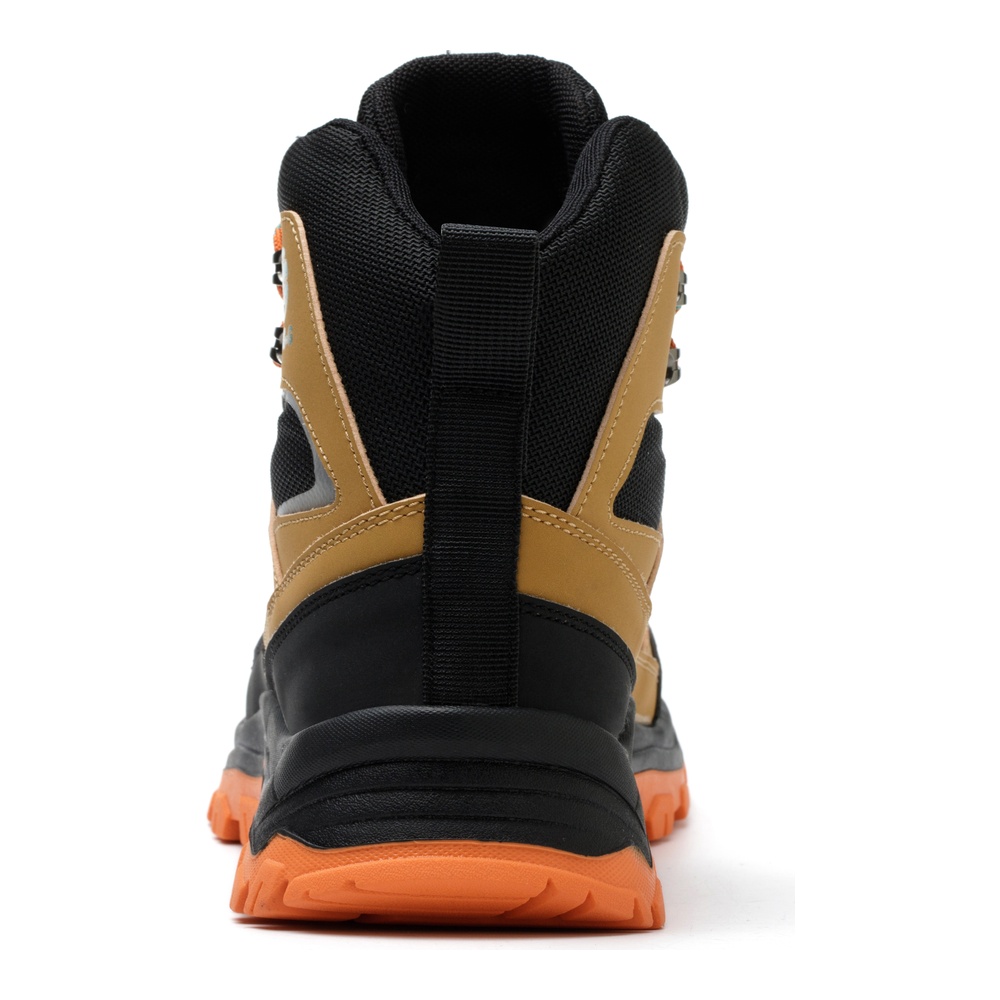 Rear view of tan/orange high top work boots