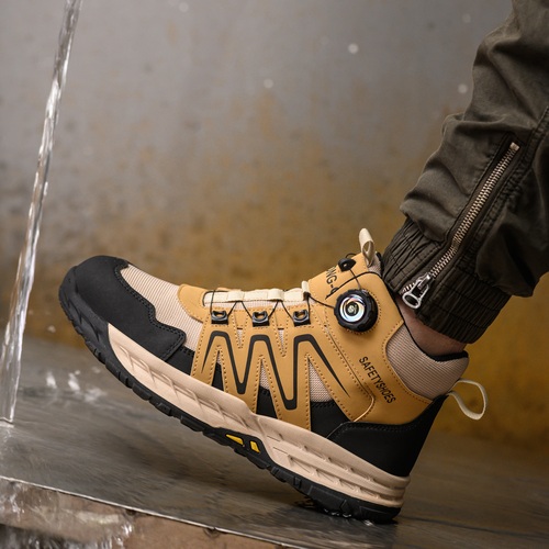 Slip resistant work boots on a wet surface