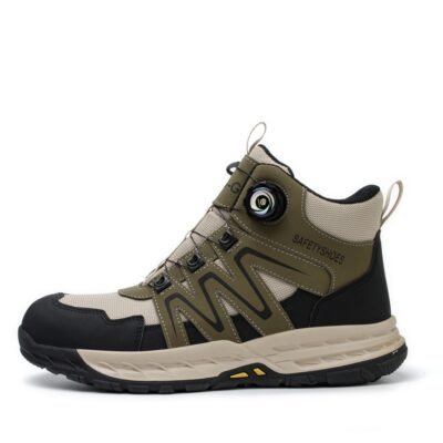 Olive Green/Beige steel toe work boots side profile