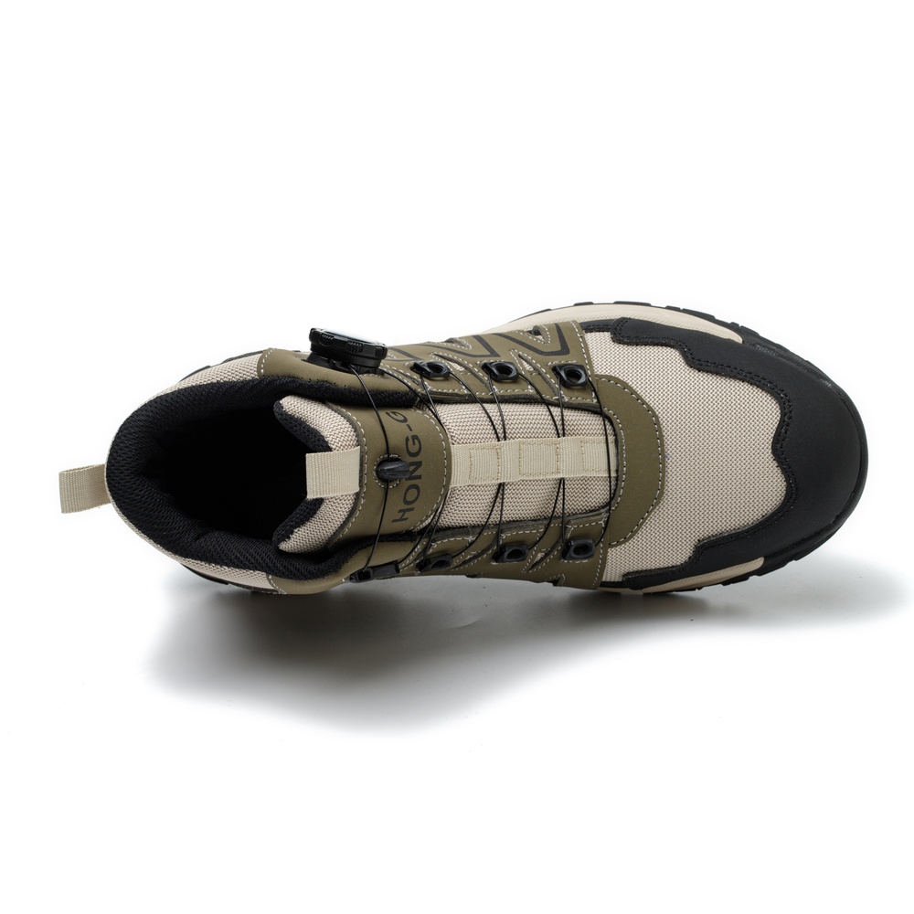 Top view of olive green/beige high top safety boots