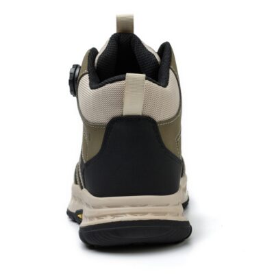 Rear view of olive green/beige high top work boots