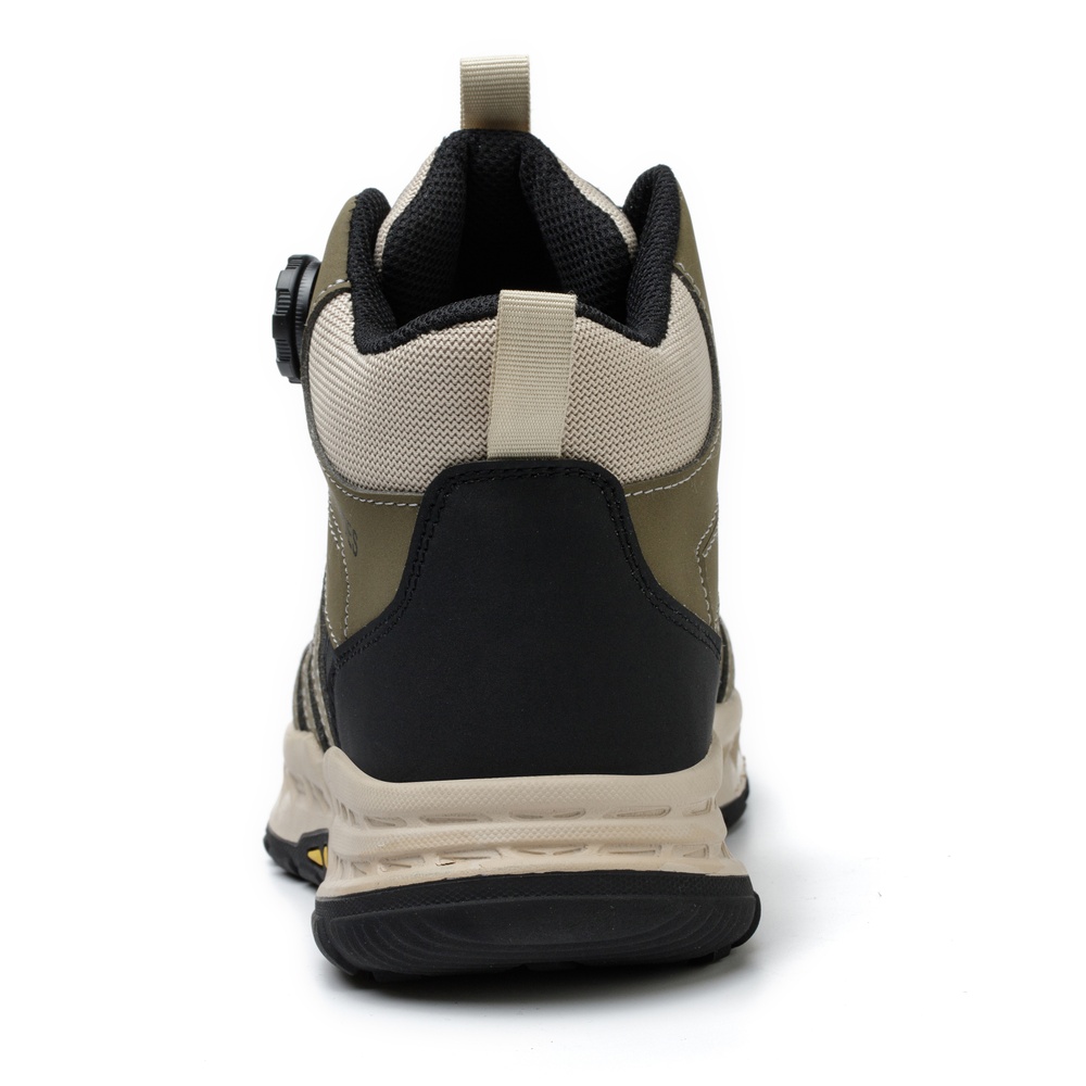 Rear view of olive green/beige high top work boots