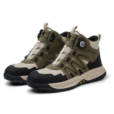 Pair of olive green/beige steel toe work boots