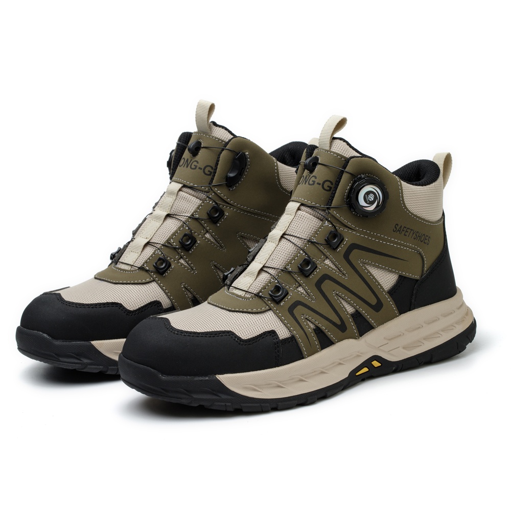 Pair of olive green/beige steel toe work boots
