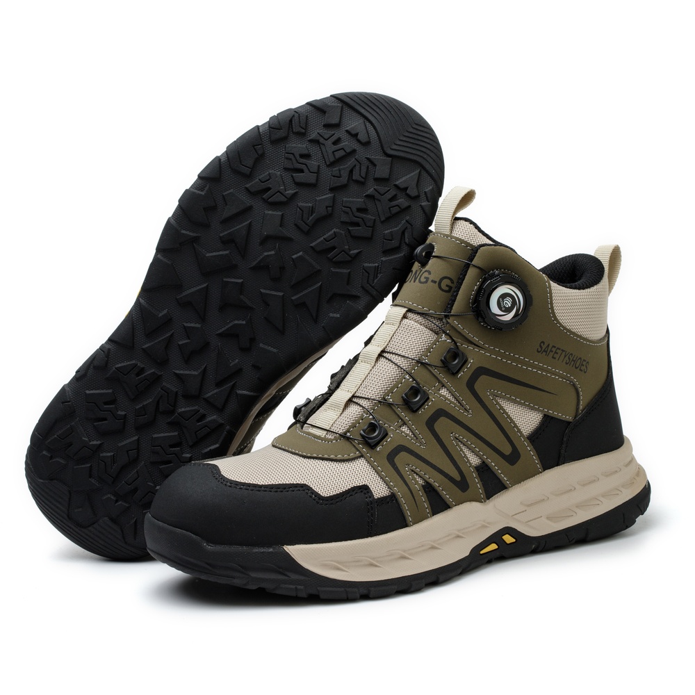 Outsole and upper view of olive green/beige safety boots