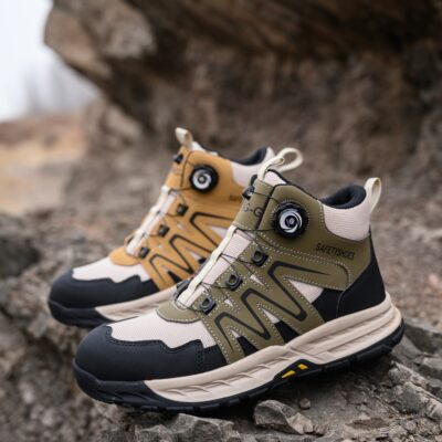 Olive Green/Beige steel toe boots in an outdoor work scene