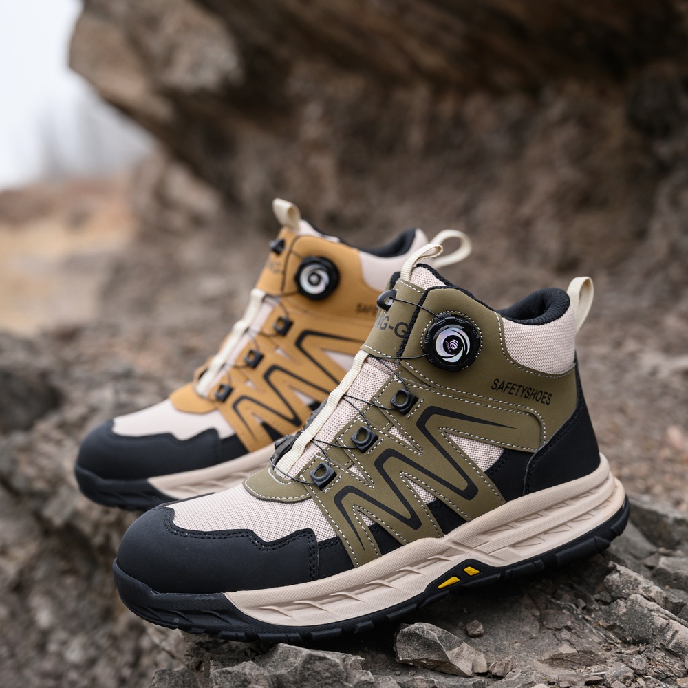 Olive Green/Beige steel toe boots in an outdoor work scene