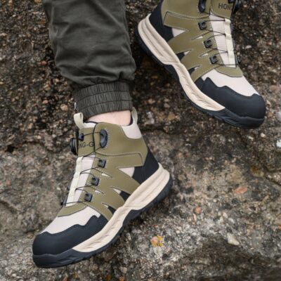 Olive Green/Beige steel toe boots in a demanding work environment