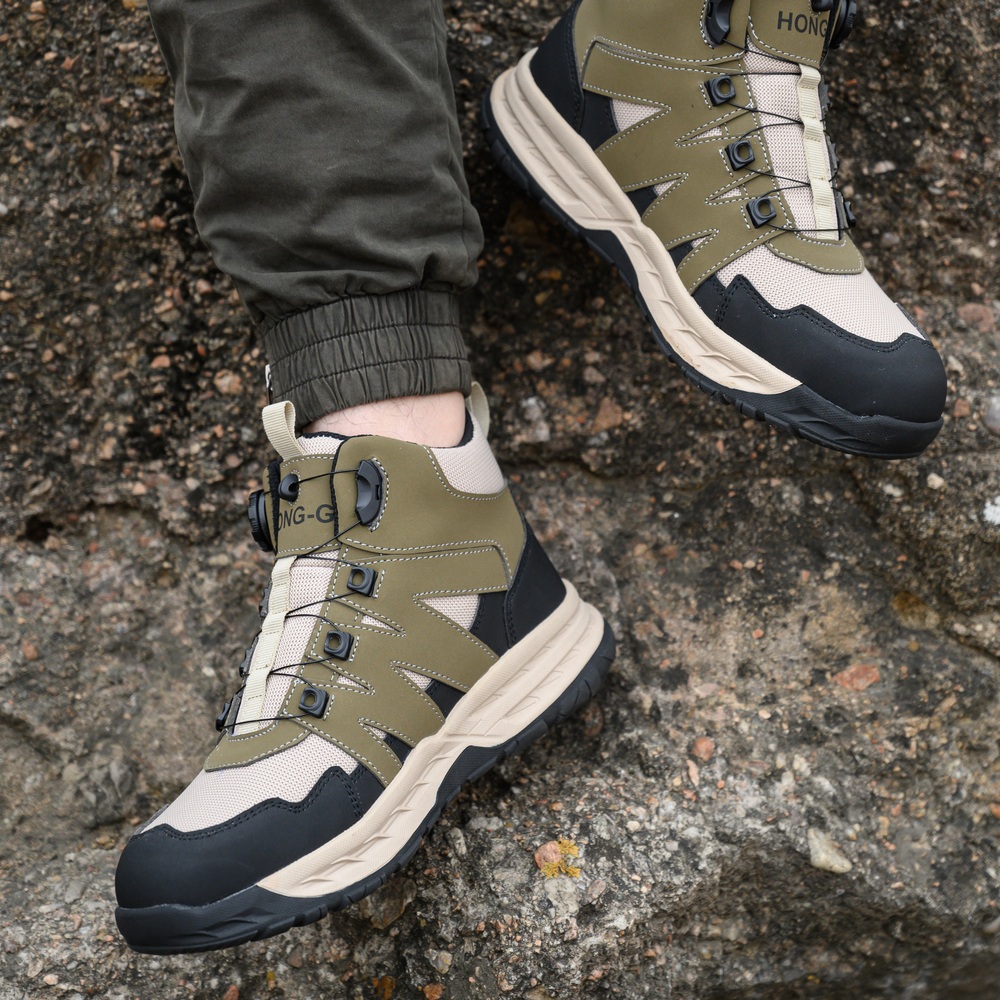 Olive Green/Beige steel toe boots in a demanding work environment