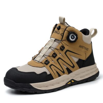 Tan/Black puncture resistant work boots angle view