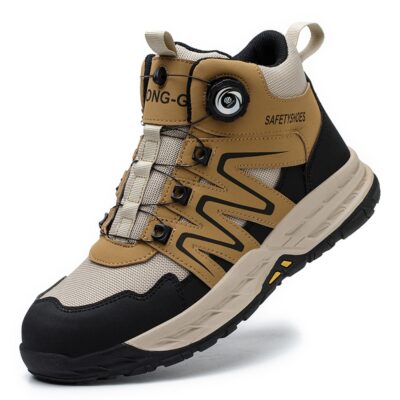Top view of tan/black high top safety boots