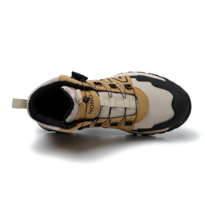 Slip resistant outsole of tan/black steel toe boots