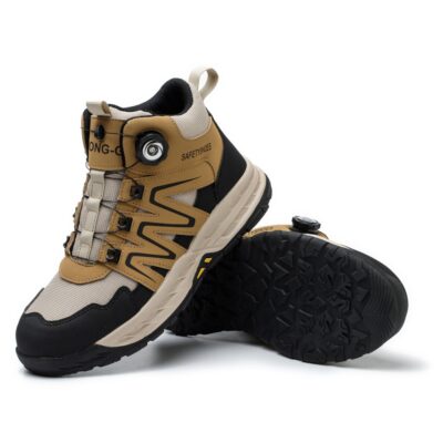 Outsole and upper view of tan/black safety boots