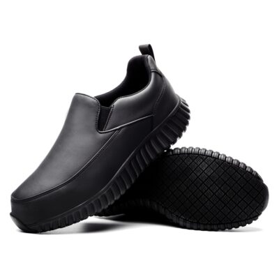 Angled pair of black slip on kitchen shoes