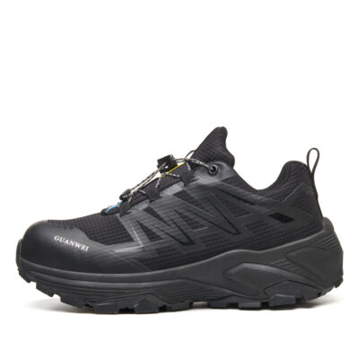 Black slip resistant steel toe work shoes side profile