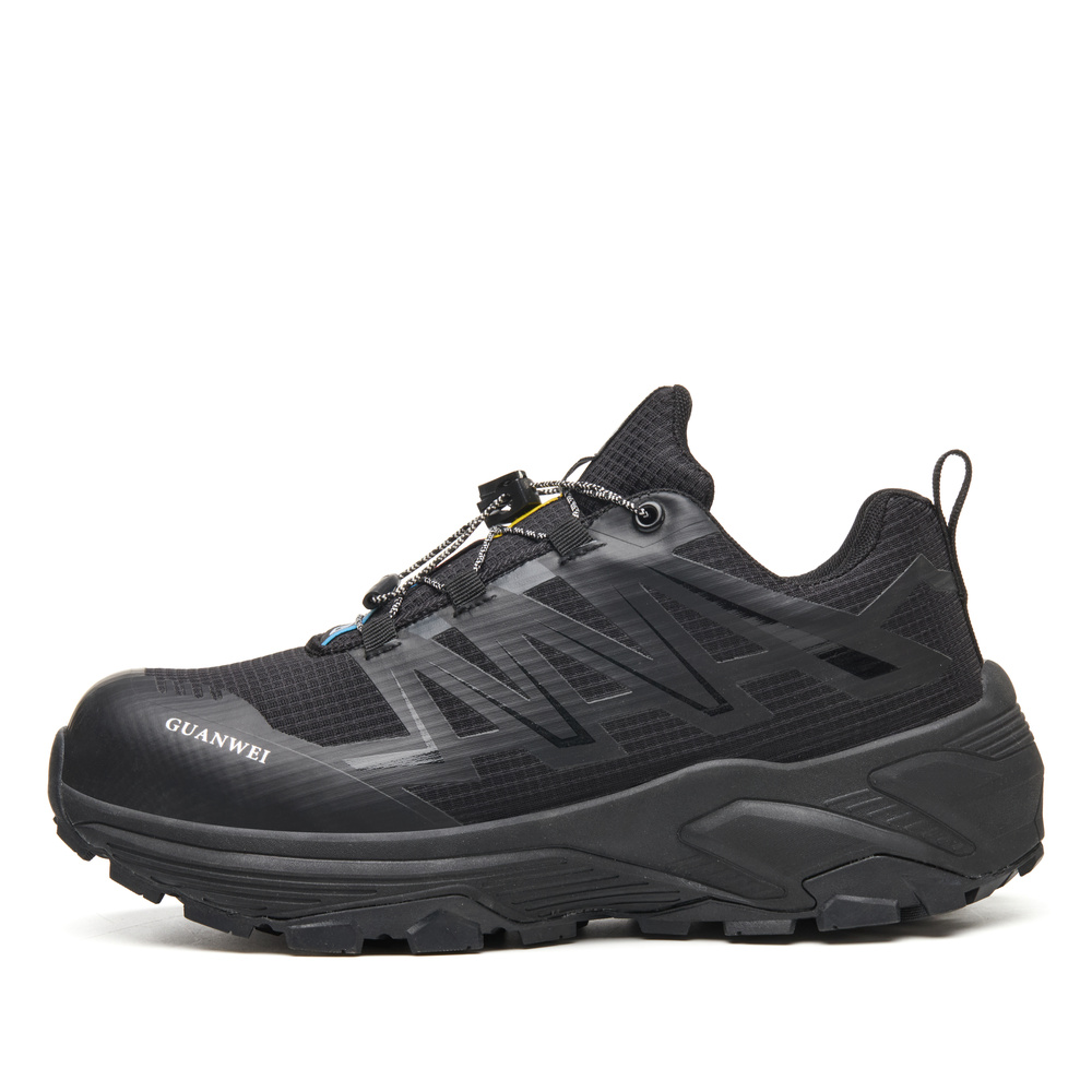 Black slip resistant steel toe work shoes side profile