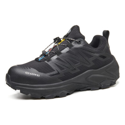 Black steel toe work shoes angled view