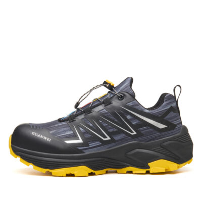Black/Yellow slip resistant steel toe work shoes side profile