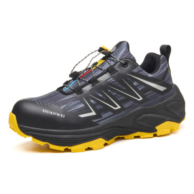 Black/Yellow steel toe work shoes angled view
