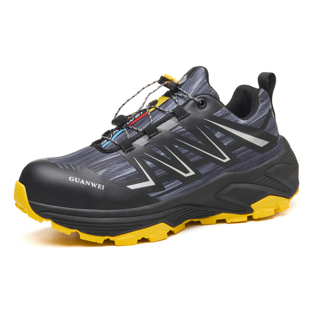 Black/Yellow steel toe work shoes angled view