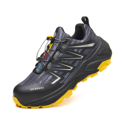 Top view of black/yellow quick-lock work shoes