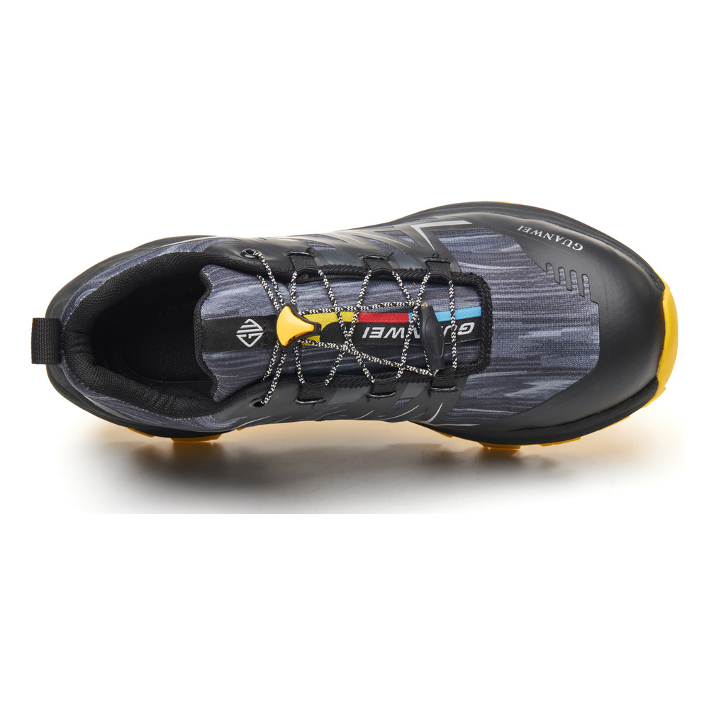 Rear view of black/yellow safety work shoes