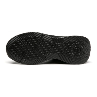 Deep tread outsole of black safety shoes