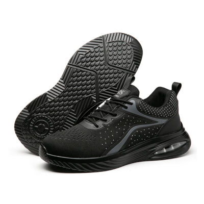 Outsole and upper view of black composite toe shoes