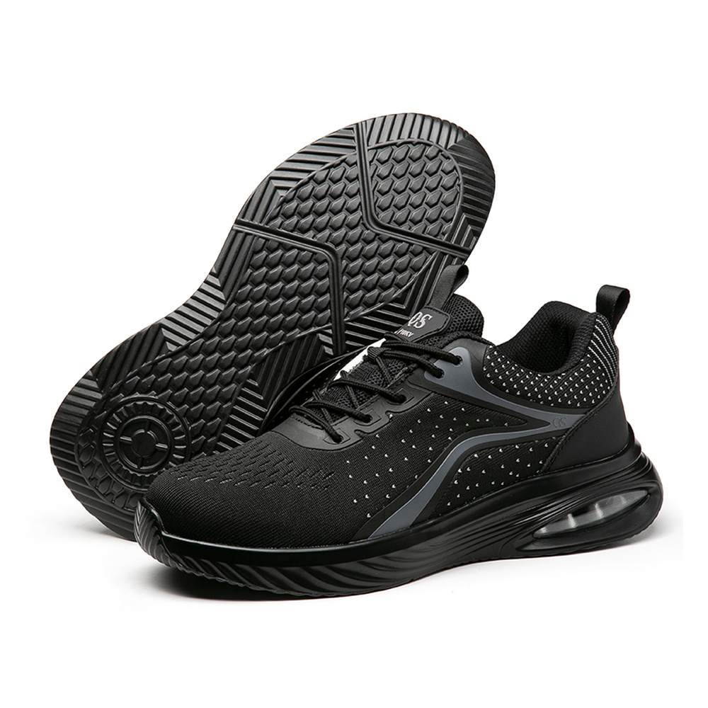 Outsole and upper view of black composite toe shoes