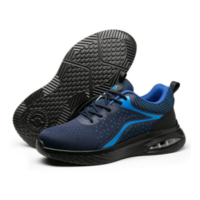 Deep tread outsole of navy/blue safety shoes