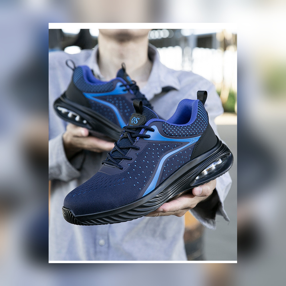 Navy/Blue composite toe work shoe fully visible in a work setting