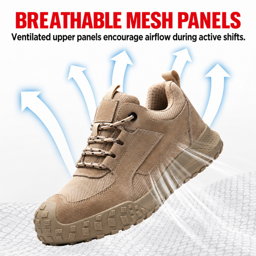 Breathable mesh panels on khaki composite toe shoes