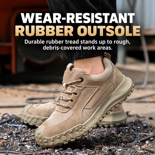 Wear resistant rubber outsole on khaki safety shoes