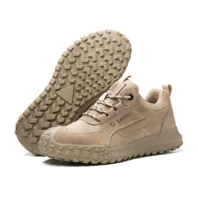 Outsole and upper view of khaki metal free shoes